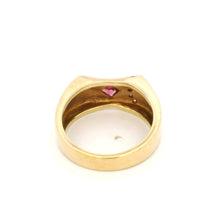 14K Yellow Gold Gypsy Ring | Natural Pink Tourmaline & Brilliant Diamond Accents | Vintage Flush-Set Band - Ring