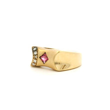 14K Yellow Gold Gypsy Ring | Natural Pink Tourmaline & Brilliant Diamond Accents | Vintage Flush-Set Band - Ring