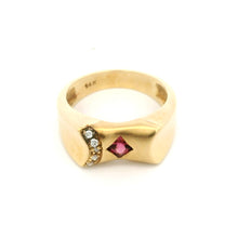 14K Yellow Gold Gypsy Ring | Natural Pink Tourmaline & Brilliant Diamond Accents | Vintage Flush-Set Band - Ring