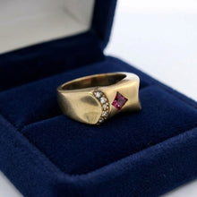 14K Yellow Gold Gypsy Ring | Natural Pink Tourmaline & Brilliant Diamond Accents | Vintage Flush-Set Band - Ring