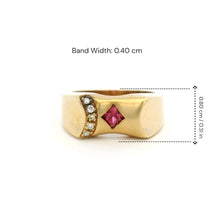 14K Yellow Gold Gypsy Ring | Natural Pink Tourmaline & Brilliant Diamond Accents | Vintage Flush-Set Band - Ring