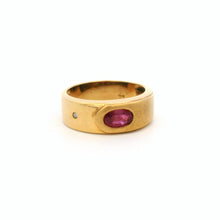 14K Yellow Gold Gypsy Ring | Natural Ruby & Diamond Accent | Flush-Set Vintage Band | Classic Statement Design - Ring