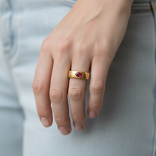 14K Yellow Gold Gypsy Ring | Natural Ruby & Diamond Accent | Flush-Set Vintage Band | Classic Statement Design - Ring