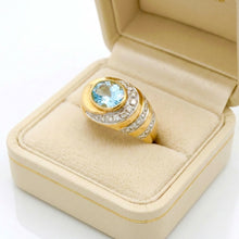 14K Yellow Gold Statement Ring | Natural Aquamarine & Pavé Diamond Halo Band | Modern Jewelry - Ring