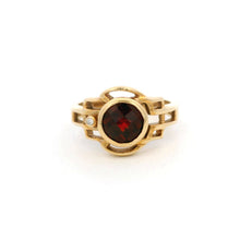 14K Yellow Gold Vintage Ring | Natural Garnet & Diamond Accent Bezel-Set | Sculptural Bypass Band Design - Ring