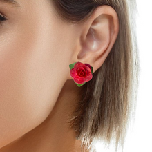Handcrafted Tomato Red Rose Stud Earrings with Iridescent Fish Scale Petals – Eco-Friendly Statement Gift for Her