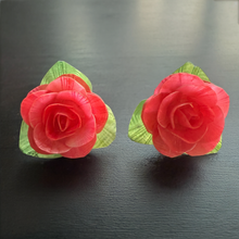 Handcrafted Tomato Red Rose Stud Earrings with Iridescent Fish Scale Petals – Eco-Friendly Statement Gift for Her