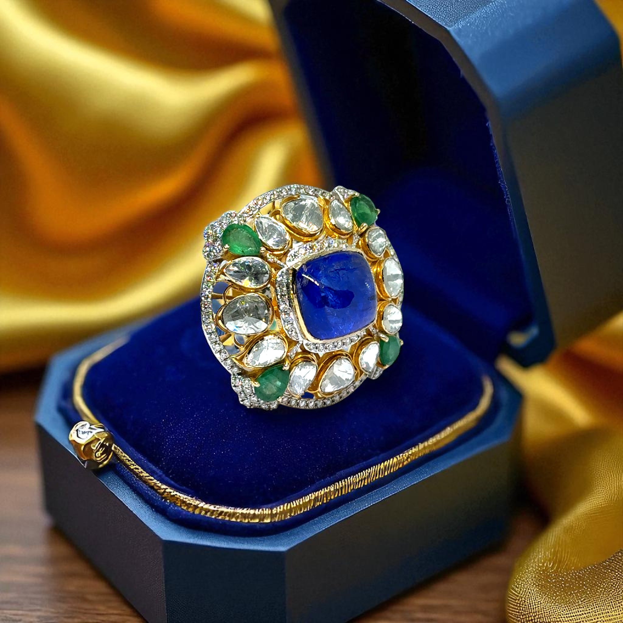 14K Yellow Gold Diamond Polki Tanzanite Emerald Ring – Colorful Blend of Gemstones in Royal Setting