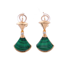 18K Rose Gold Earring with Natural Diamonds & Malachite Gemstone Fancy Big Fan Unique Jewelry - JEWELNJOY