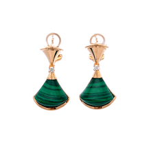 18K Rose Gold Earring with Natural Diamonds & Malachite Gemstone Fancy Big Fan Unique Jewelry - JEWELNJOY