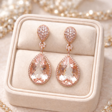 18K Rose Gold Teardrop Dangle Earrings | Natural Morganite & White Diamond | Luxury Statement Design - Earrings