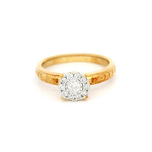 18K Rose Gold Vintage Diamond Halo Ring | Round Cluster Center | Classic Textured Pattern Band - Ring