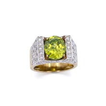 18K Two-Tone Gold Art Deco Statement Ring | Natural Oval Peridot & Diamond Accents | Geometric Cocktail Band - Ring