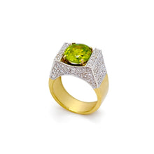 18K Two-Tone Gold Art Deco Statement Ring | Natural Oval Peridot & Diamond Accents | Geometric Cocktail Band - Ring
