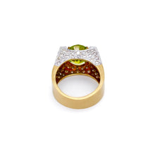 18K Two-Tone Gold Art Deco Statement Ring | Natural Oval Peridot & Diamond Accents | Geometric Cocktail Band - Ring