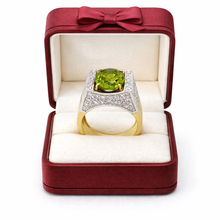 18K Two-Tone Gold Art Deco Statement Ring | Natural Oval Peridot & Diamond Accents | Geometric Cocktail Band - Ring