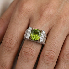 18K Two-Tone Gold Art Deco Statement Ring | Natural Oval Peridot & Diamond Accents | Geometric Cocktail Band - Ring