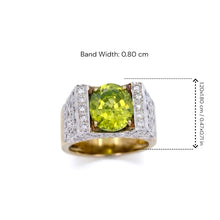 18K Two-Tone Gold Art Deco Statement Ring | Natural Oval Peridot & Diamond Accents | Geometric Cocktail Band - Ring