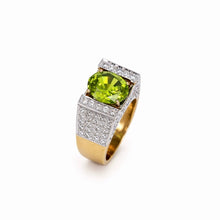 18K Two-Tone Gold Art Deco Statement Ring | Natural Oval Peridot & Diamond Accents | Geometric Cocktail Band - Ring