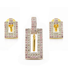 18K Two-Tone Gold | Natural Diamond & Pink Sapphire Pendant & Earrings Set | Geometric Pavé Jewelry - Pendant Earring