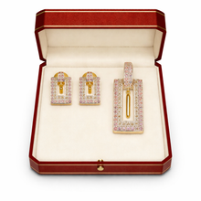 18K Two-Tone Gold | Natural Diamond & Pink Sapphire Pendant & Earrings Set | Geometric Pavé Jewelry - Pendant Earring