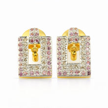 18K Two-Tone Gold | Natural Diamond & Pink Sapphire Pendant & Earrings Set | Geometric Pavé Jewelry - Pendant Earring