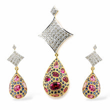 18K Two-Tone Gold | Natural Diamond Pink Tourmaline & Blue Sapphire Pavé Drop Pendant & Earrings Set - Pendant Earring