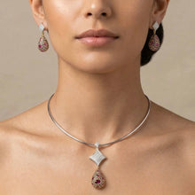 18K Two-Tone Gold | Natural Diamond Pink Tourmaline & Blue Sapphire Pavé Drop Pendant & Earrings Set - Pendant Earring