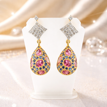 18K Two-Tone Gold | Natural Diamond Pink Tourmaline & Blue Sapphire Pavé Drop Pendant & Earrings Set - Pendant Earring