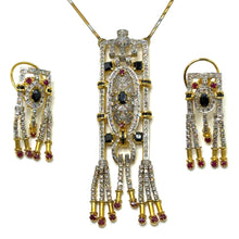 18K Two-Tone Gold | Natural Diamond Ruby & Sapphire Necklace & Earrings Set | Drop Tassels Pavé Bridal Jewelry