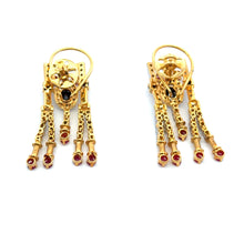 18K Two-Tone Gold | Natural Diamond Ruby & Sapphire Necklace & Earrings Set | Drop Tassels Pavé Bridal Jewelry