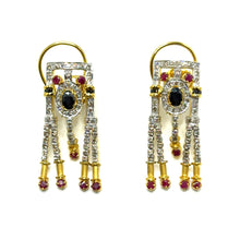 18K Two-Tone Gold | Natural Diamond Ruby & Sapphire Necklace & Earrings Set | Drop Tassels Pavé Bridal Jewelry
