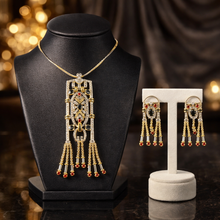 18K Two-Tone Gold | Natural Diamond Ruby & Sapphire Necklace & Earrings Set | Drop Tassels Pavé Bridal Jewelry