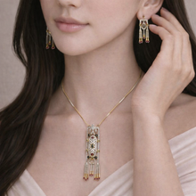 18K Two-Tone Gold | Natural Diamond Ruby & Sapphire Necklace & Earrings Set | Drop Tassels Pavé Bridal Jewelry