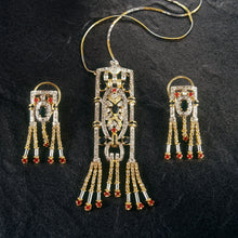 18K Two-Tone Gold | Natural Diamond Ruby & Sapphire Necklace & Earrings Set | Drop Tassels Pavé Bridal Jewelry