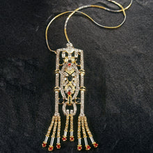 18K Two-Tone Gold | Natural Diamond Ruby & Sapphire Necklace & Earrings Set | Drop Tassels Pavé Bridal Jewelry