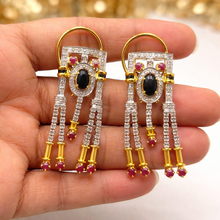 18K Two-Tone Gold | Natural Diamond Ruby & Sapphire Necklace & Earrings Set | Drop Tassels Pavé Bridal Jewelry