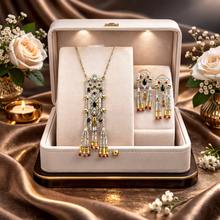 18K Two-Tone Gold | Natural Diamond Ruby & Sapphire Necklace & Earrings Set | Drop Tassels Pavé Bridal Jewelry