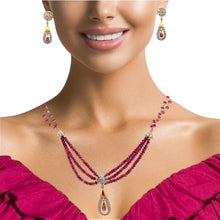 18K Two Tone Gold Necklace Earring Set with Natural Diamond,Pink Tourmaline & Rhodolite Jewellery