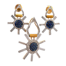 18K Two Tone Gold Pendant Earring Set with Natural Diamond & Blue Sapphire Precious Sun Rays Jewelry