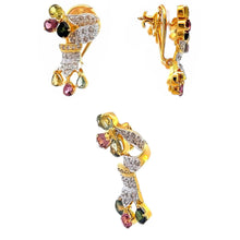 18K Two Tone Gold Natural Diamond & Multi Sapphire Pendant Earring Set Jewelry