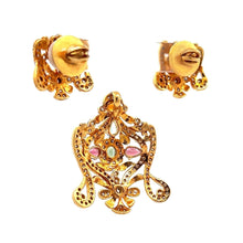 18K Two-Tone Gold Pendant & Earrings Set | Natural Diamond & Multi Tourmaline | Floral Statement Jewelry - Pendant