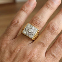 18K Two-Tone Gold Square Signet Ring | Natural Diamond | Watch-Link Inspired Vintage Unisex Band - Ring