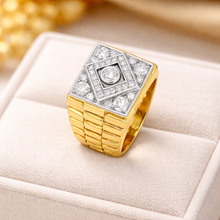 18K Two-Tone Gold Square Signet Ring | Natural Diamond | Watch-Link Inspired Vintage Unisex Band - Ring