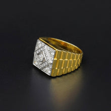 18K Two-Tone Gold Square Signet Ring | Natural Diamond | Watch-Link Inspired Vintage Unisex Band - Ring