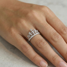 18K White Gold Crown Tiara Ring | Natural Diamond Heart Scroll Shared-Prong Design | Princess-Inspired - Ring