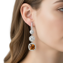 18K White Gold Drop Earrings | Natural Citrine & White Sapphire | Multi-Halo Design Jewelry - Earrings