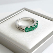 18K White Gold Five-Stone Natural Emerald & Diamond Band Ring | Anniversary Statement Fine Jewelry - Ring
