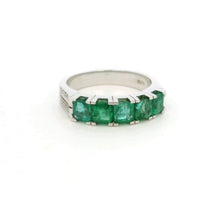 18K White Gold Five-Stone Natural Emerald & Diamond Band Ring | Anniversary Statement Fine Jewelry - Ring