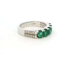 18K White Gold Five-Stone Natural Emerald & Diamond Band Ring | Anniversary Statement Fine Jewelry - Ring